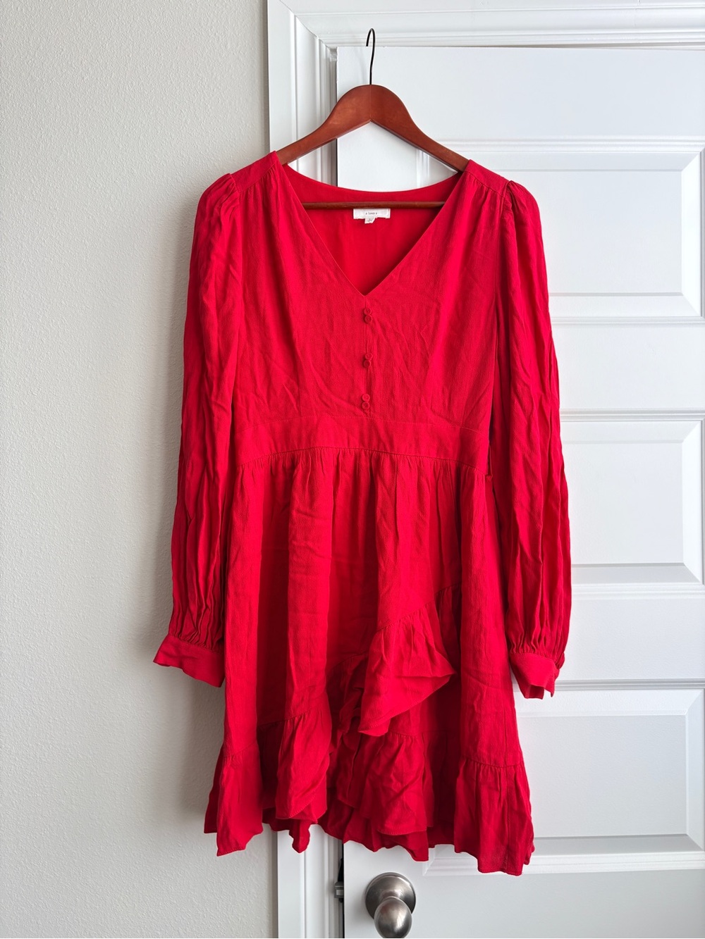A Loves A Red Ruffle Asymmetrical Hem Puff Sleeve Mini Dress S